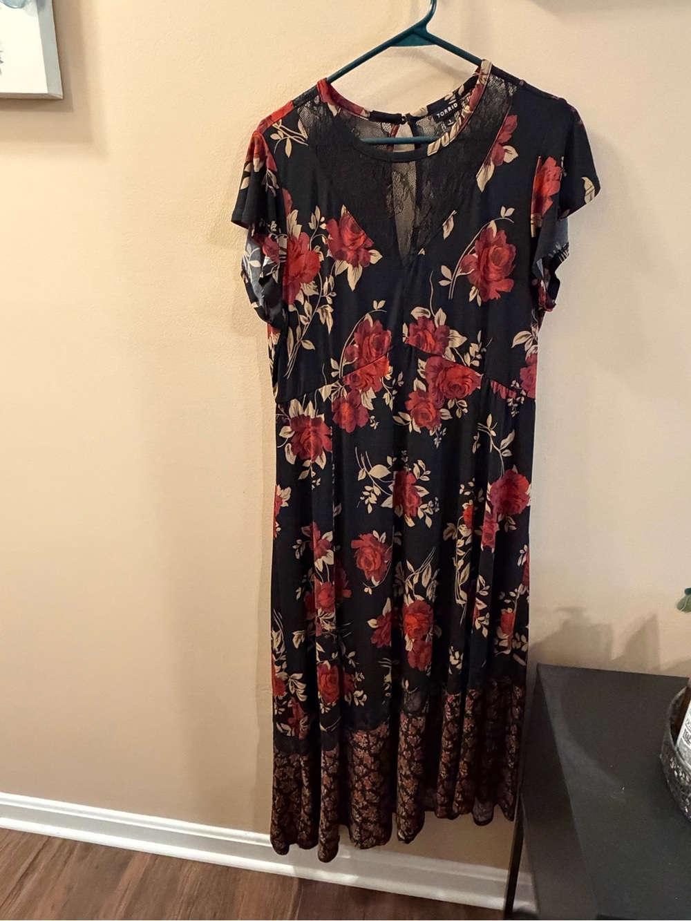 torrid Black Maxi Dress with Red Rose Floral and Lace Trim size 1